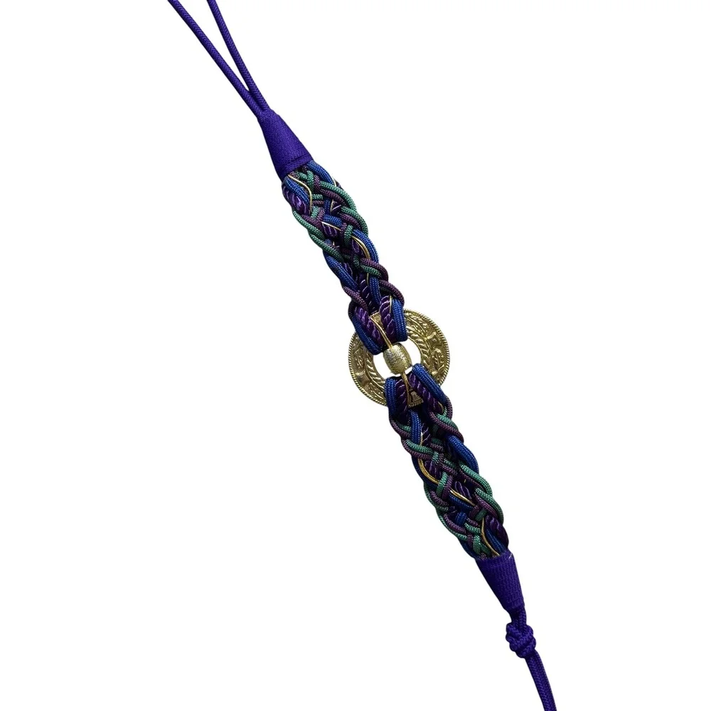 Vintage Braided Cord Belt Purple Blue Gold Tone Ring Buckle Boho Statement 29in